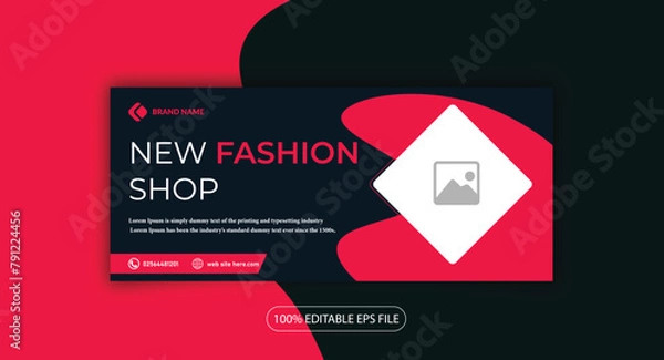 Fototapeta New fashion shop facebook cover page timeline web ad banner template with photo place modern layout dark red pink background and text design template