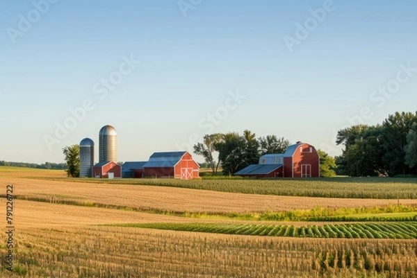 Obraz A picturesque farmstead with red barns and silos surrounded by fields of ripening crops, under a vast expanse of clear sky, Generative AI