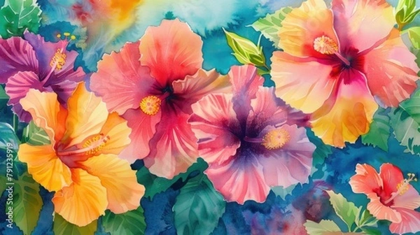 Fototapeta An array of tropical hibiscus with vivid colors splashed in watercolor