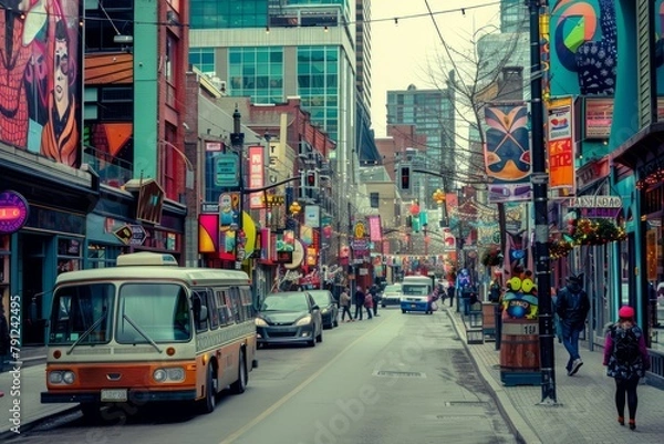 Obraz A bustling city street in the style of the 1950s, with vintage cars, neon signs, and people in retro fashion, Generative AI