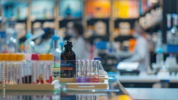 Fototapeta Defocused image of a bustling laboratory with researchers in white coats moving about test tubes and microscopes tered on the tables and a blurred background of posters and charts .