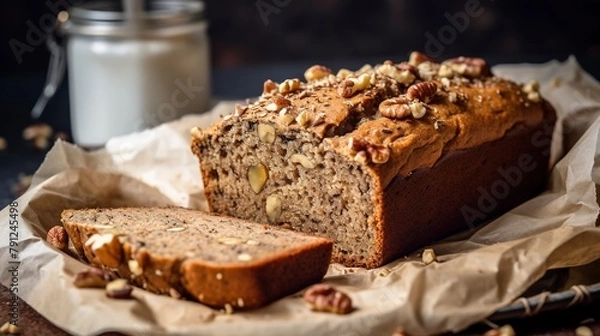 Fototapeta Close-up of a vegan banana bread loaf, sliced, showcasing the dense, moist crumb and walnut topping, on a linen napkin. 