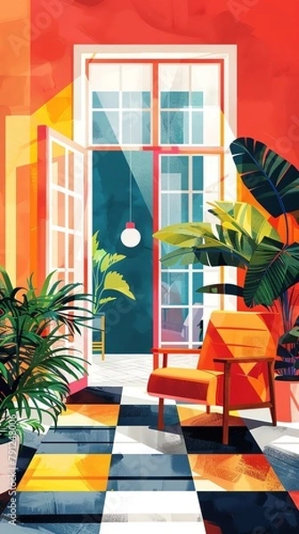 Fototapeta An illustration of a room with a large open door. There is a tiled floor, a large leafy plant, and an orange armchair. The room is painted red and yellow and the light is streaming in from outside.