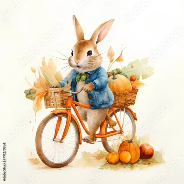 Fototapeta Watercolor illustration of a cute rabbit with a basket of pumpkins on a bicycle.
