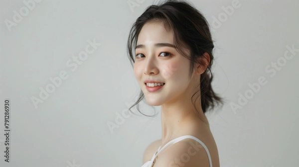 Obraz 흰색 슬리브를 입은 웃는 모습의 한국 여성