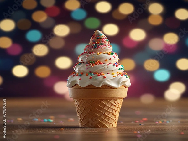 Obraz 3D rendering of a happy ice cream cone with sprinkles The ice cream cone is in front of a blurred background of bokeh lights
