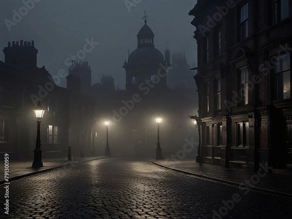 Fototapeta A dark and foggy street in a Victorian city The gas lamps are lit and the street is empty except for a few people walking in the distance