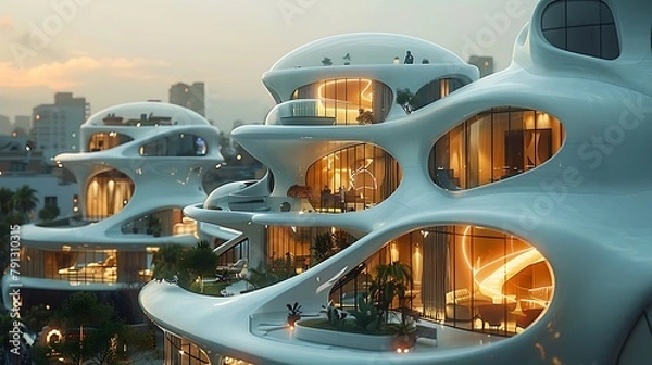 Fototapeta Modern, futuristic architecture with organic design illuminated at dusk in an urban setting, showcasing the harmony of nature and technology. 