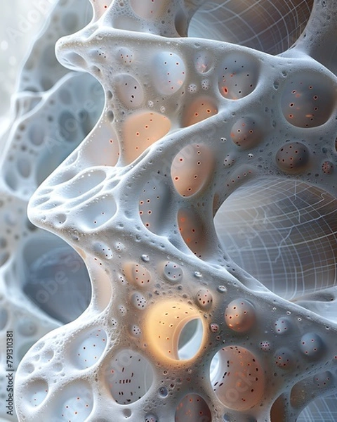 Fototapeta An abstract close-up of a porous organic structure resembling cellular foam or a biological model with a cool blue-toned backdrop, perfect for scientific and artistic concepts. 