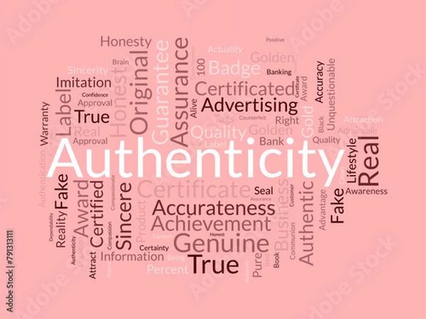 Fototapeta Authenticity word cloud template. Certified concept vector background.