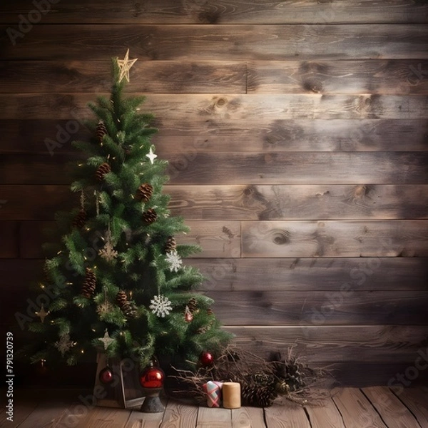 Fototapeta Kerstboom met cadeautjes voor houten muur 3D-rendering

