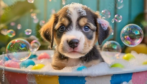 Fototapeta 거품목욕을 하는 귀여운 아기 강아지