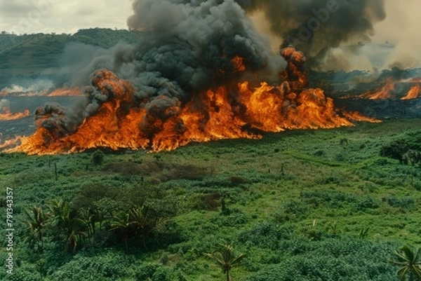 Fototapeta Wildforest fire burning forest trees eecological disaster smoke aerial view from helicopter danger death animals damage hazard blaze pollution tragedy