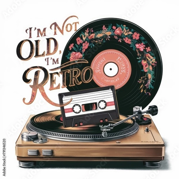 Fototapeta tape, cassette, record, cd retro style poster design. I am not old i am retro write