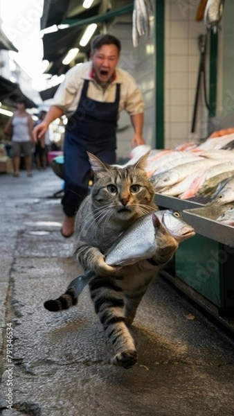Fototapeta cat stealing fish vertical story size
