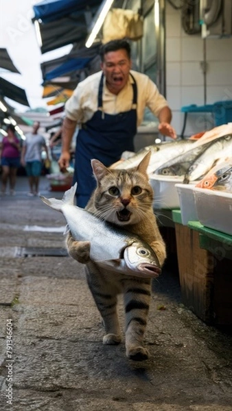 Obraz cat stealing fish vertical story size