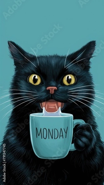 Fototapeta black cat drinking tea from a cup marked Monday. vertical story size