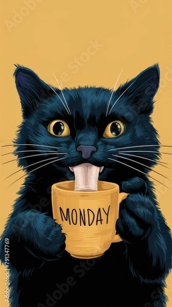 Fototapeta black cat drinking tea from a cup marked Monday. vertical story size