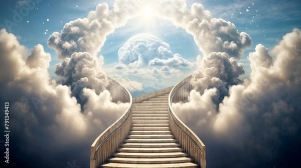 Fototapeta Conceptual image of stairs leading to heaven with clouds and sun