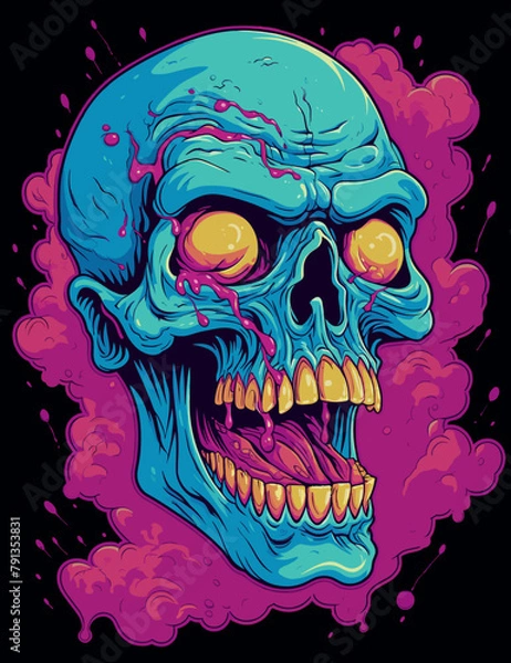 Obraz Psychedelic zombie skull design tshirt design vector