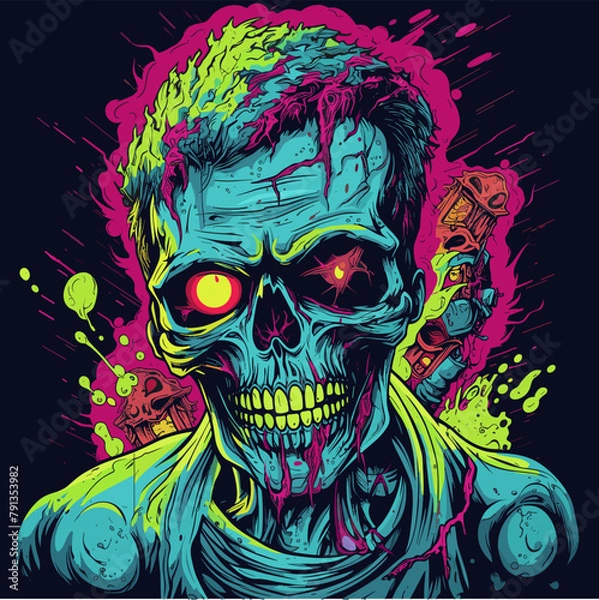 Obraz Psychedelic zombie skull design tshirt design vector