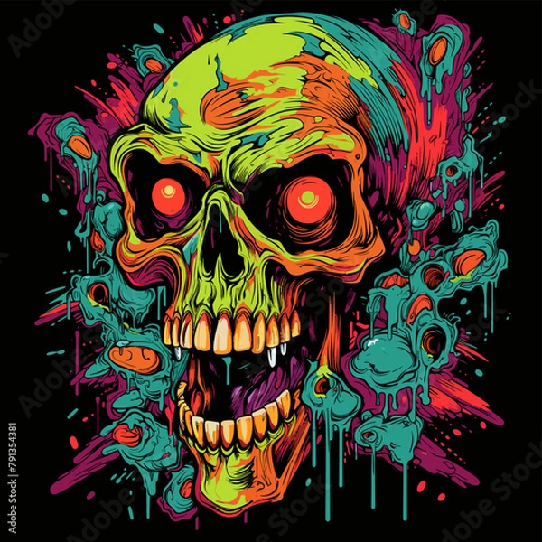 Obraz Psychedelic zombie skull design tshirt design vector