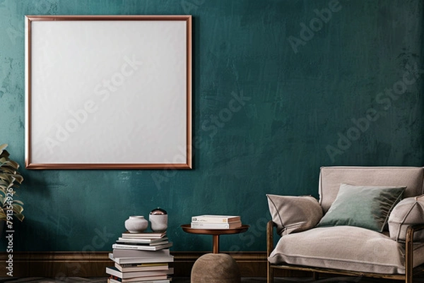 Obraz A cozy, Scandinavian-style corner with a dark teal wall, showcasing a copper frame mockup poster. The space is complemented by a plush armchair, a stack of design books, and a small, round side table.