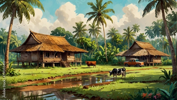 Fototapeta A traditional Malay wooden house surrounded by a spacious yard with green trees around the house and a cows are grazzing grass