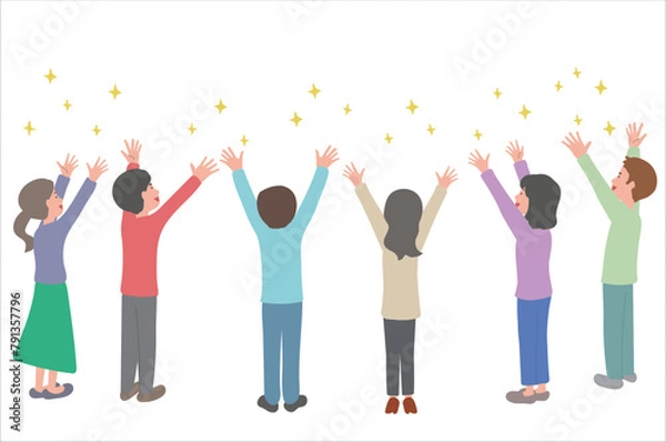 Fototapeta 上を見上げて喜ぶ男性と女性の後ろ姿のイラスト	
