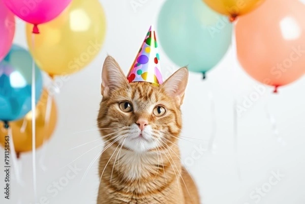 Fototapeta Funny party cat wearing colorful hat with balloons, isolated on white background