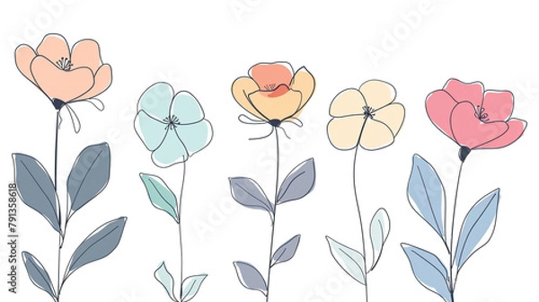 Obraz Simple line drawing of cute pastel flowers, minimalistic design, 2d illustration on a white background with flat colours
