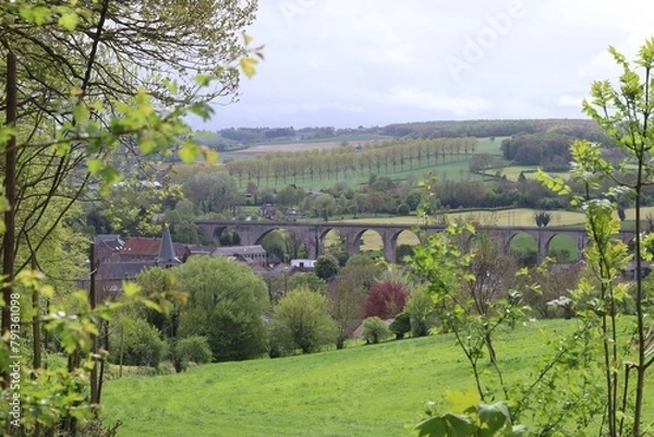 Obraz View of the little village Voeren or Fouron in Belgium, near the dutch border. Part of the dutch mountain trail. In the background you can see a train bridge.