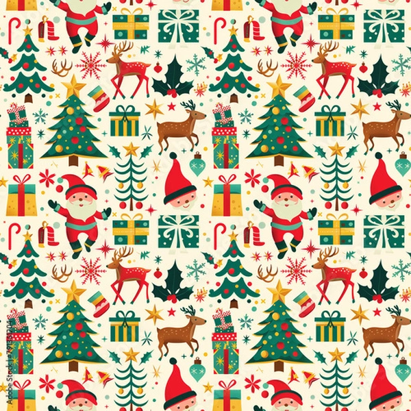 Fototapeta Festive Christmas elements in a cheerful holiday pattern