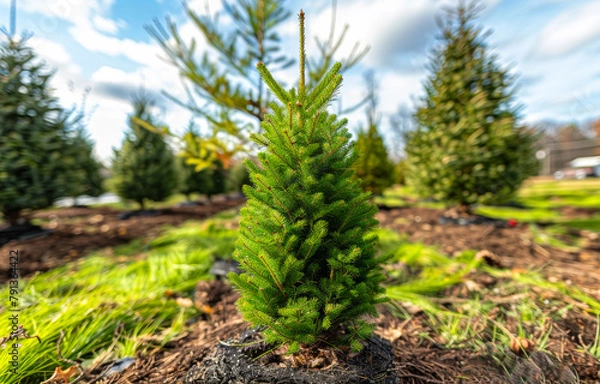 Fototapeta Young fir tree is seen growing in garden with other trees and grass in the background.