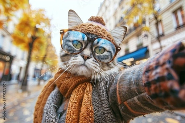 Obraz A cat in autumn clothes and glasses takes a selfie in Paris
