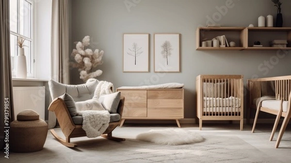 Fototapeta A midcentury modern nursery with a natural wood crib, dresser, and rocking chair. There is a gray rug on the floor, a white sheepskin throw on the chair, and two minimal botanical prints on the wall.