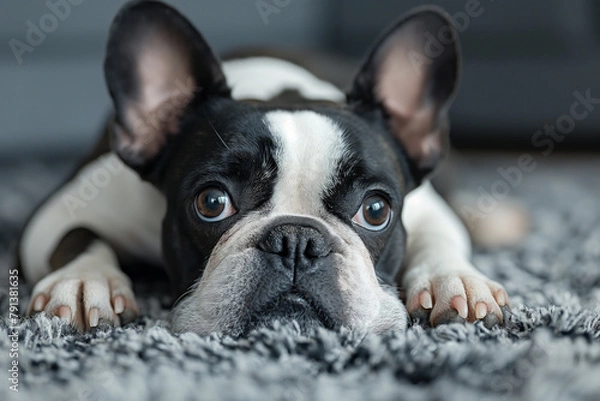 Obraz Un mignon chien bouledogue français noir et blanc sur un tapis, avec de grands yeux tristes