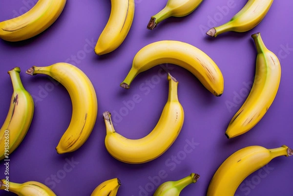 Fototapeta Bunches of fresh ripe bananas on a vibrant purple background, top view flat lay arrangement