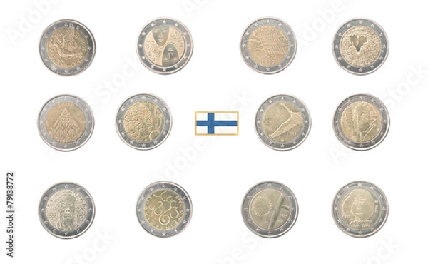 Obraz Set of Commemorative 2 euro coins of Finland isolated on white