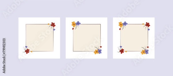 Obraz Set of frames with flowers in the corners. Collection of floral designs in yellow, blue, red and flowers. Template with empty space for text, invitations, greeting cards, print and web. Vector eps 10,
