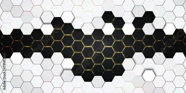 Fototapeta White Hexagonal background with golden light..