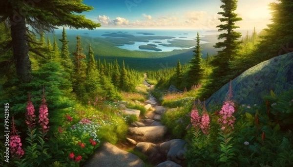 Fototapeta Hike up Gorham Mountain in summer, the trail is surrounded by lush greenery and adorned with wildflowers