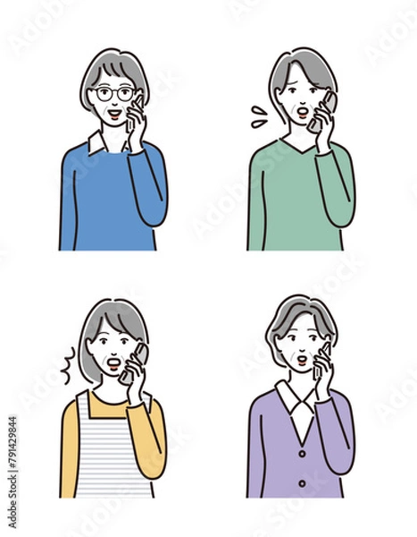 Fototapeta 様々な表情で通話するシニア女性のセット