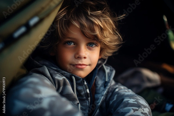 Fototapeta Family leisure weekend vacation on camping tent in wild nature relaxation Generative AI technology illustration