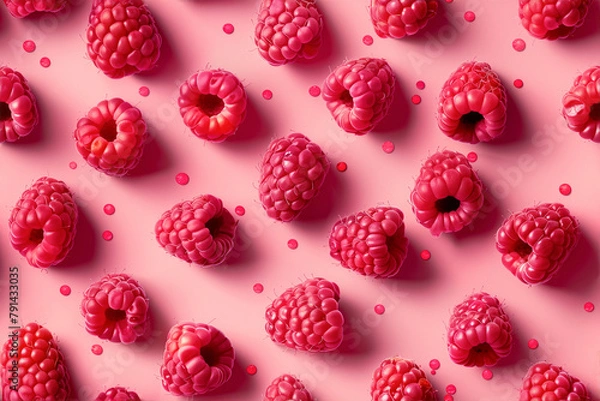 Fototapeta Seamless repeat and fully tile-able background illustration pattern of raspberry fruit, raspberries background