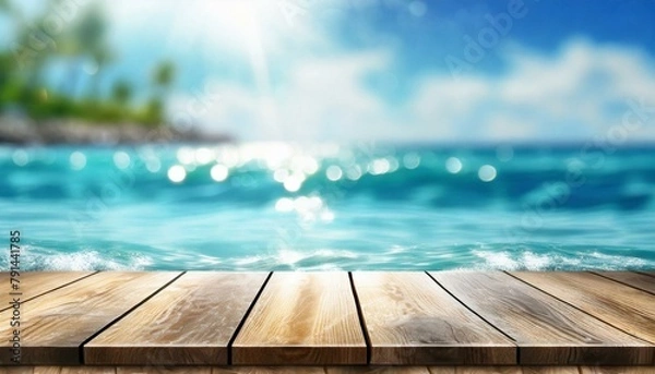 Fototapeta Elevate Your Designs: Wooden Table Top on Summer Sparkling Sea