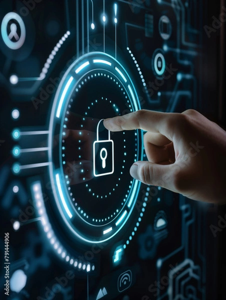 Fototapeta Futuristic cybersecurity concept with hand interacting