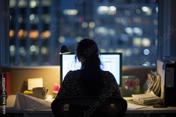 Fototapeta The back view of an office worker, working late at night. Generative AI