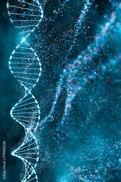 Obraz DNA double helix with sparkling nodes in a dynamic blue environment. Genomic sequencing, molecular biology, and genetic data analysis.