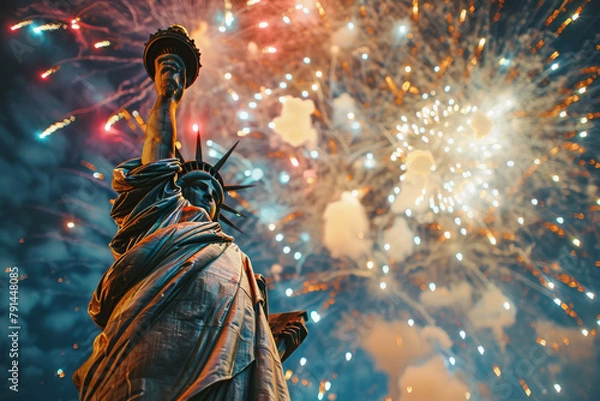 Fototapeta 4th of July concept - fireworks over Statue of Liberty